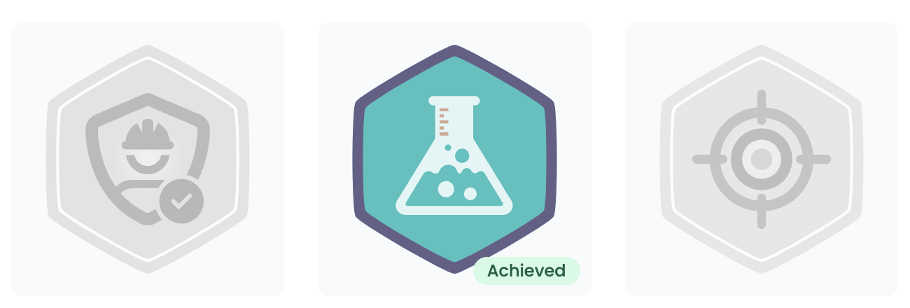 Three hexagonal badges, one is labelled 'achieved'